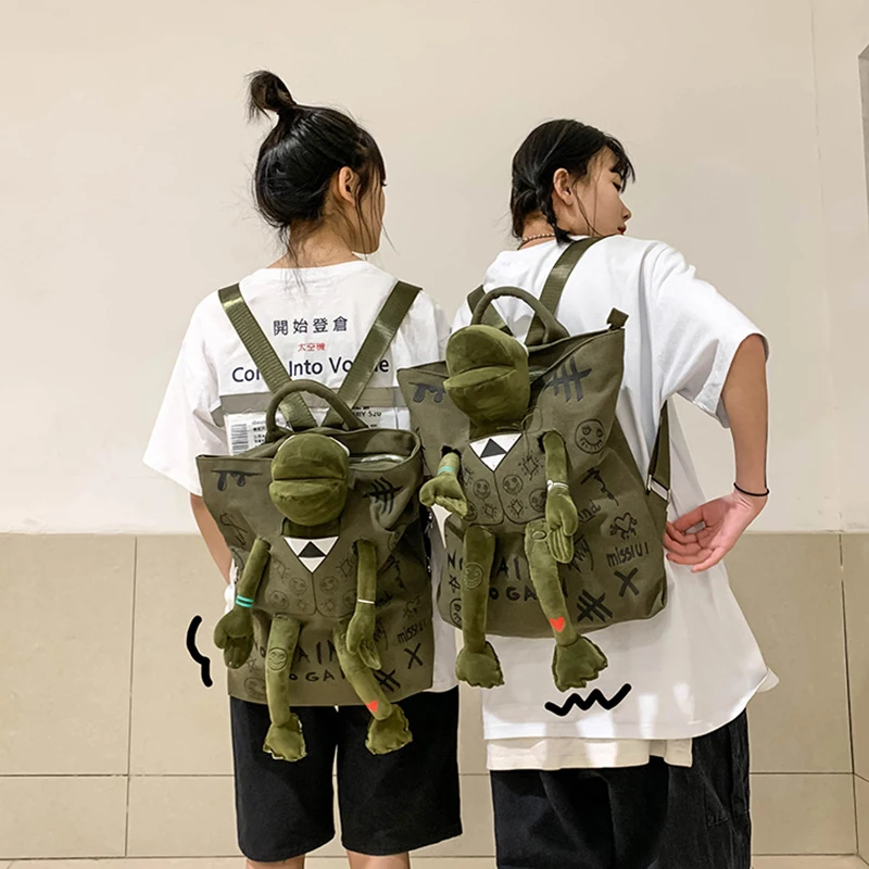 New Large Capacity 3D Frog Backpack Girls Boys College Graffiti School Bag Pure Color Fashion Canvas Handbag Casual Travel Bag