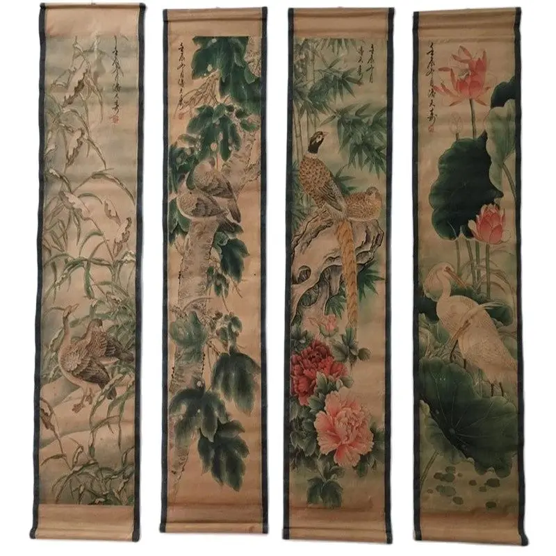 

China Celebrity Painting Old Scrolls Four Screen Lotus Bird Painting