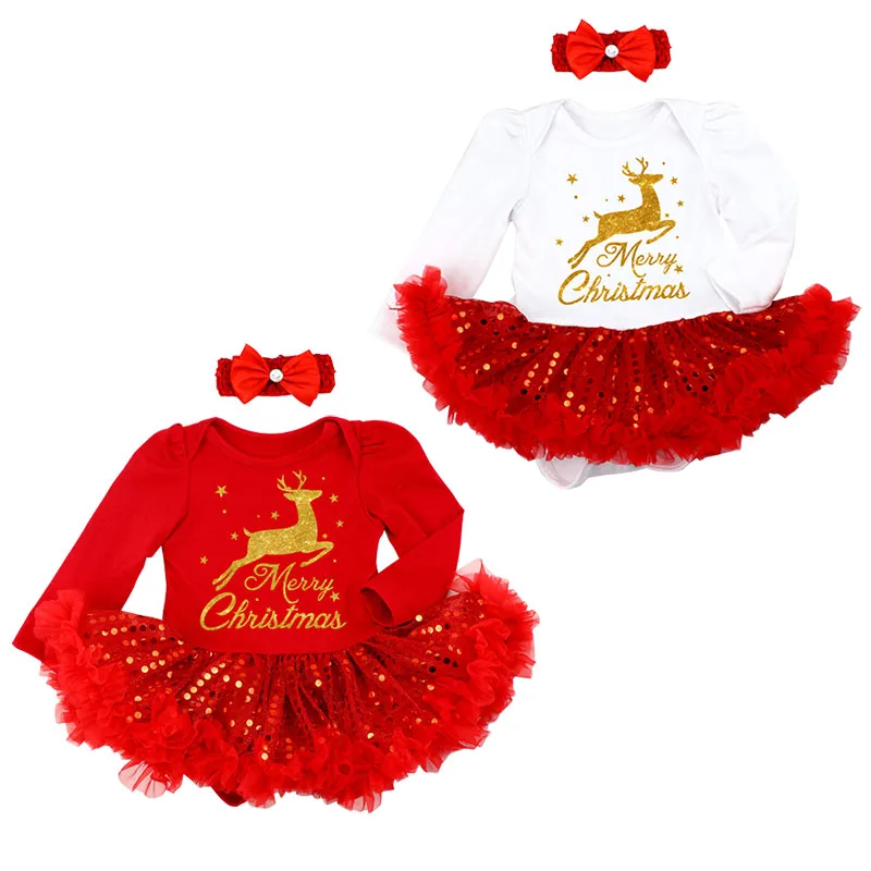 

Baby Girl My First Christmas Outfits Infant Red Sequins Dresses Christmas Deer Dress Costume for Toddler Bebe New Year Clothing