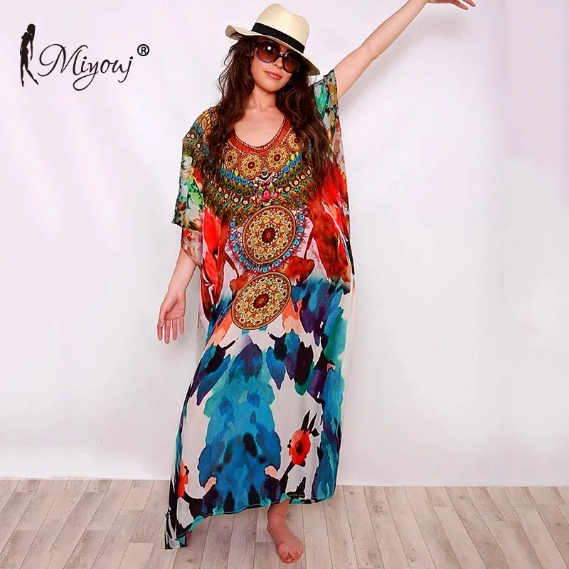 Miyouj 2020 винтажное платье с принтом Пляжная туника солнцезащитная средний рукав