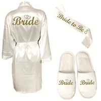 custom 3pc set of glitter gold bride satin short bride robe slippers bridal sash peignoir women bridal party 2019 kimono robe