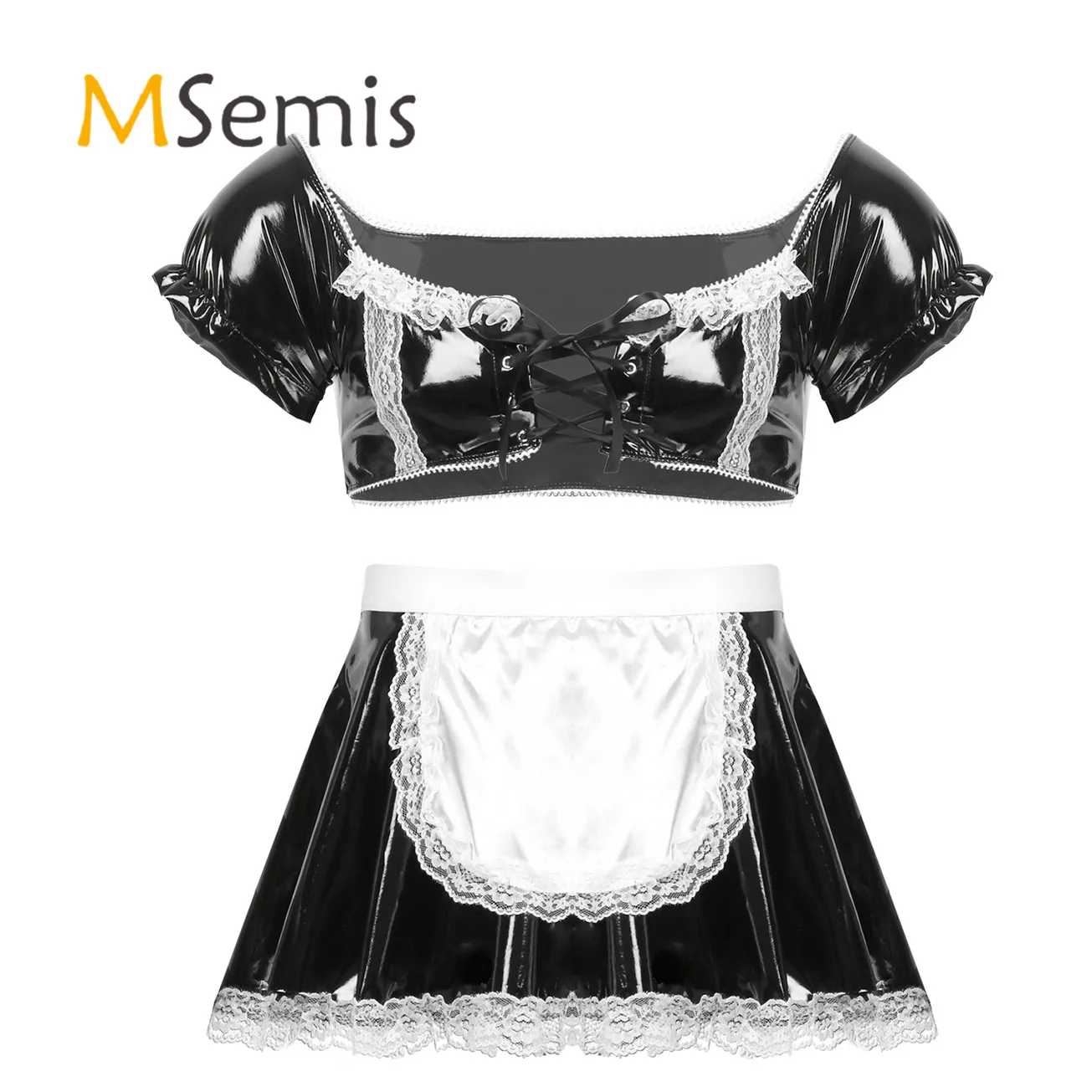 

2Pcs Mens Lingerie Wet Look Patent Leather Maid Cosplay Costume Outfit Square Neck Lace-up Crop Top with High Waist Flared Skirt