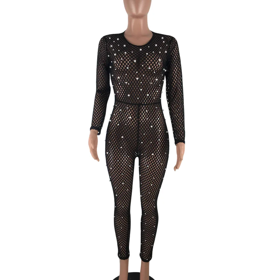 Сексуальный женский комбинезон из прозрачной сетки блестящая жемчужина боди с