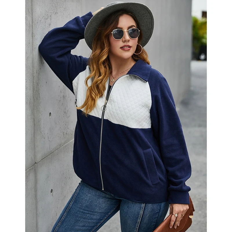 

Plus Size Jackets for Women Zip Up Patchwork Long Sleeve Turn Down Collar Loose Casual Oversized Coat Autumn