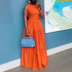 Europe America New 2021 Temperament Commute Round Neck Sleeveless Solid Color Long Women's Dress African Casual Summer Europe America New 2021 Temperament Commute Round Neck Sleeveless Solid Color Long Women's Dress African Casual Summer