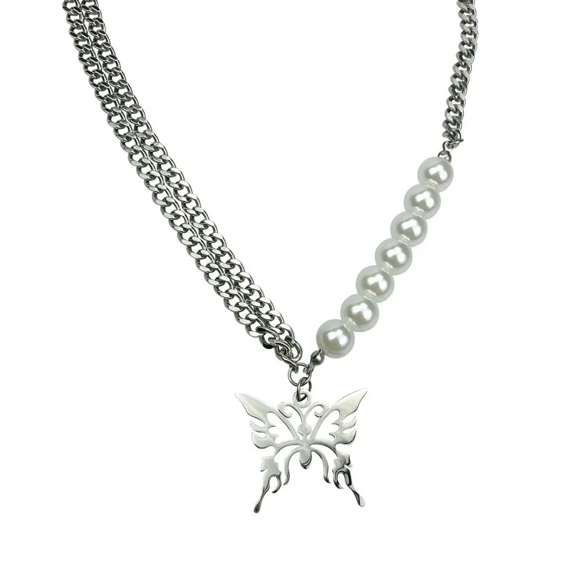 

Hip hop Multilayer Titanium Steel Chain Statement Necklaces Chic Imitation Pearl women Chokers bijoux Butterfly Pendant Necklace