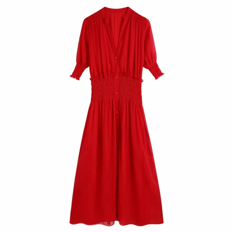 

Женское шифоновое платье-миди с V-образным вырезом и коротким рукавом