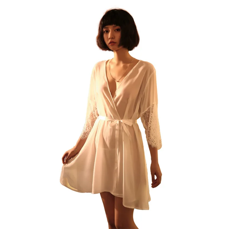 

High end new sexy underwear women's mesh cardigan lace sleeve robe perspective sexy temptation bathrobe home clothes 396