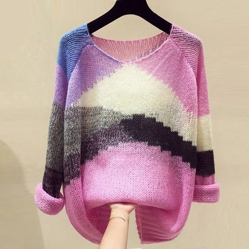 

Весенние свободные свитера контрастных цветов с V-образным вырезом, женские модные вязаные пуловеры в стиле пэчворк, трикотажные топы с дли...