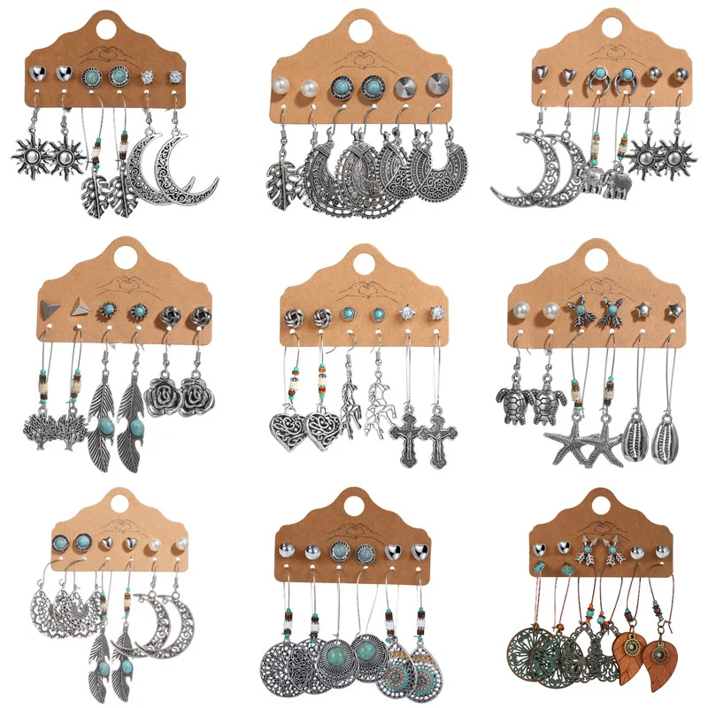 

Bohemia Earrings Set Vintage Ethnic Long Round Leaf Tassel Wedding Water Drop Earrings for Women Girls Fashion Jewelry 6Pairs