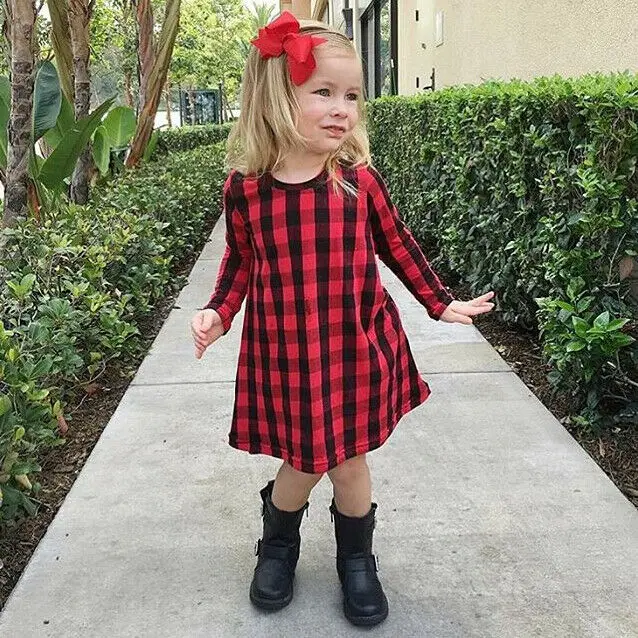 Fashion Long Sleeved Cotton Baby Kid Girl Plaid Dress Checked Party Princess Casual Dresses | Детская одежда и обувь
