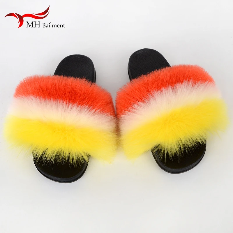 Сланцы женские из искусственного лисьего меха летние меховые шлепанцы уличные