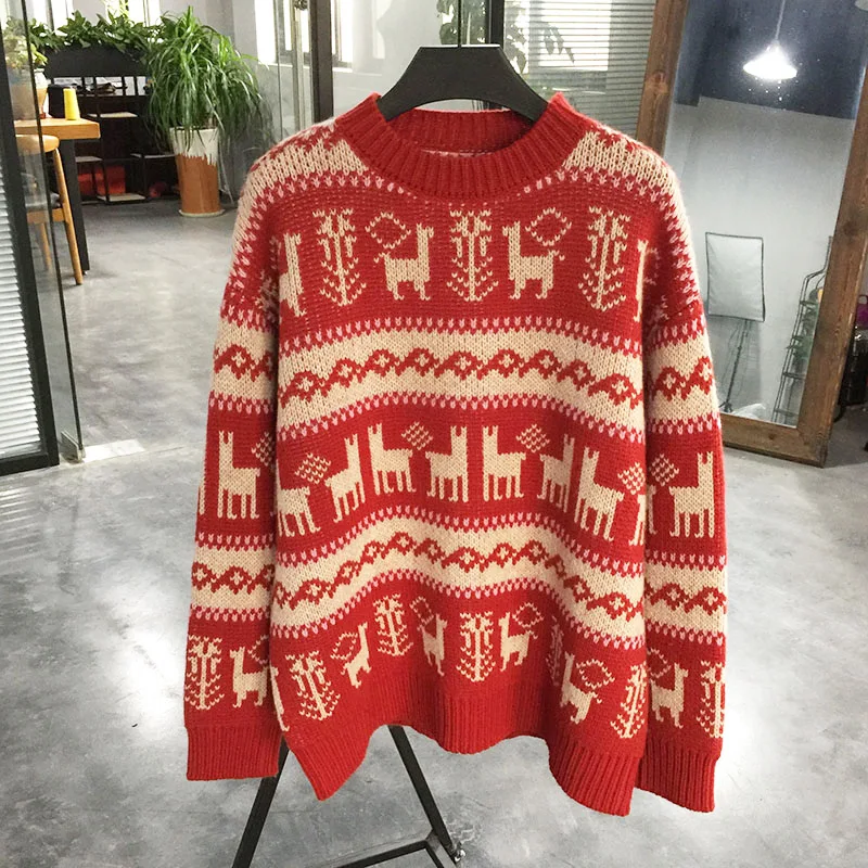 Рождественский красный свитер для женщин новинка 2020 шерстяной пуловер с круглым