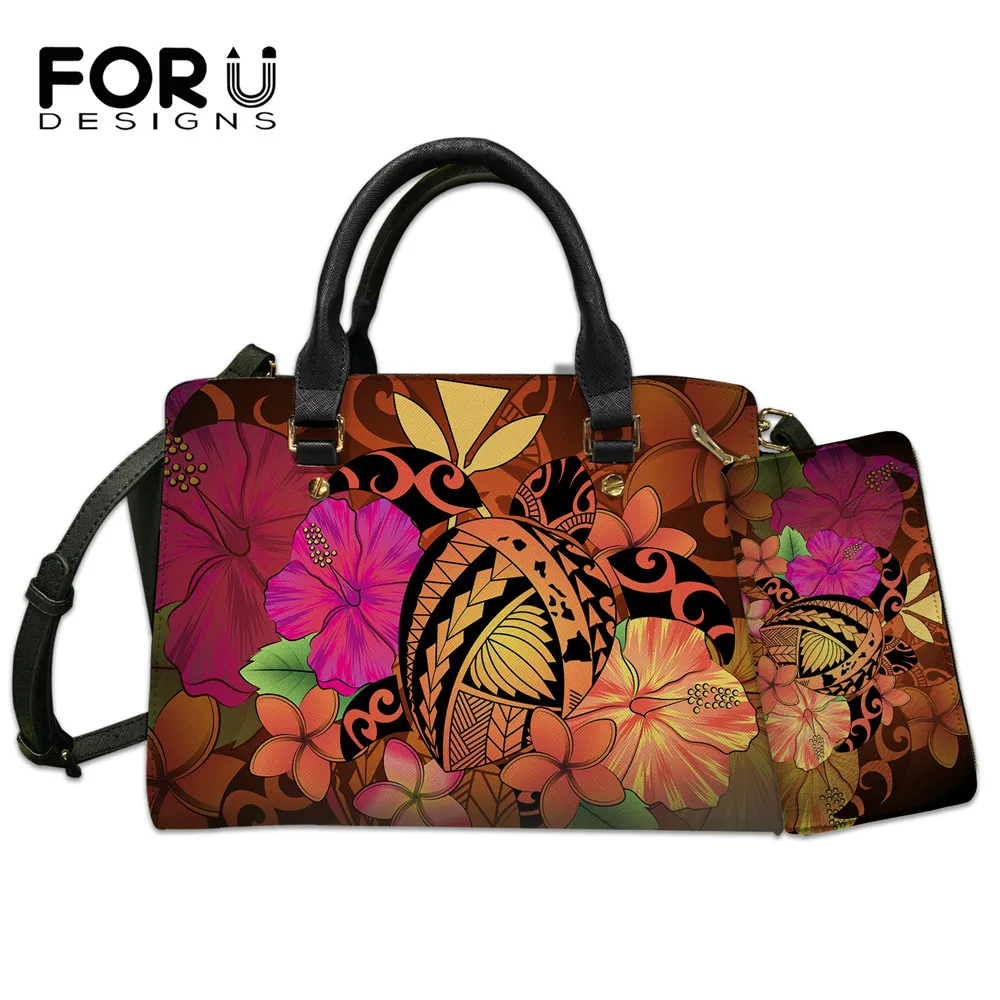 

FORUDESIGNS Women's Shoulder Bag And Purse Set Samaon Turtle Polynesian Hibiscus Print Lady Luxury Leather Top-handle Bags Mujer