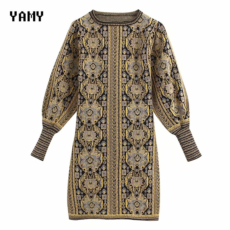 Женский Рождественский трикотаж платье с длинным рукавом желтое винтажное мини