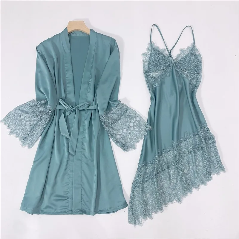 

Комплект женский кружевной из 2 предметов, атласная пижама в стиле пэчворк, Шелковый комплект для сна, Повседневная Ночная рубашка-кимоно, д...