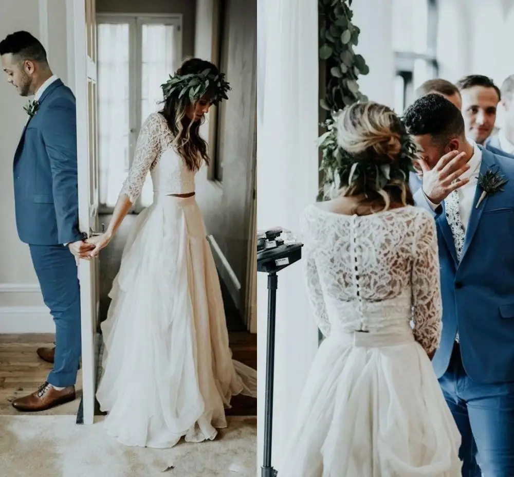 Богемные Свадебные платья из двух предметов 3/4 с длинным рукавом и V образным