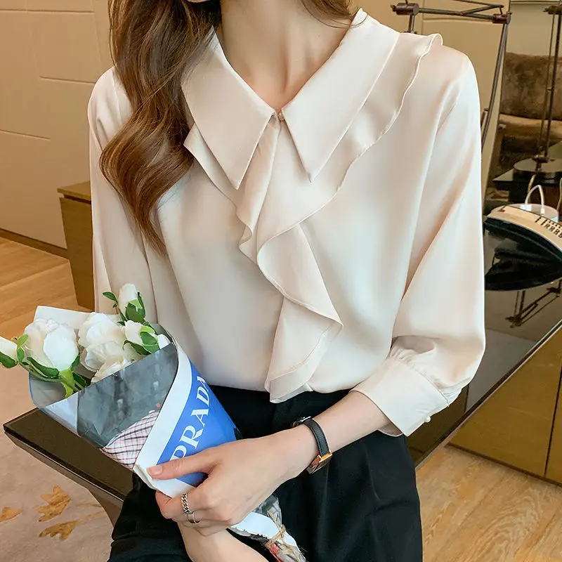 Женская шифоновая блузка с оборками Повседневная Свободная однотонная для