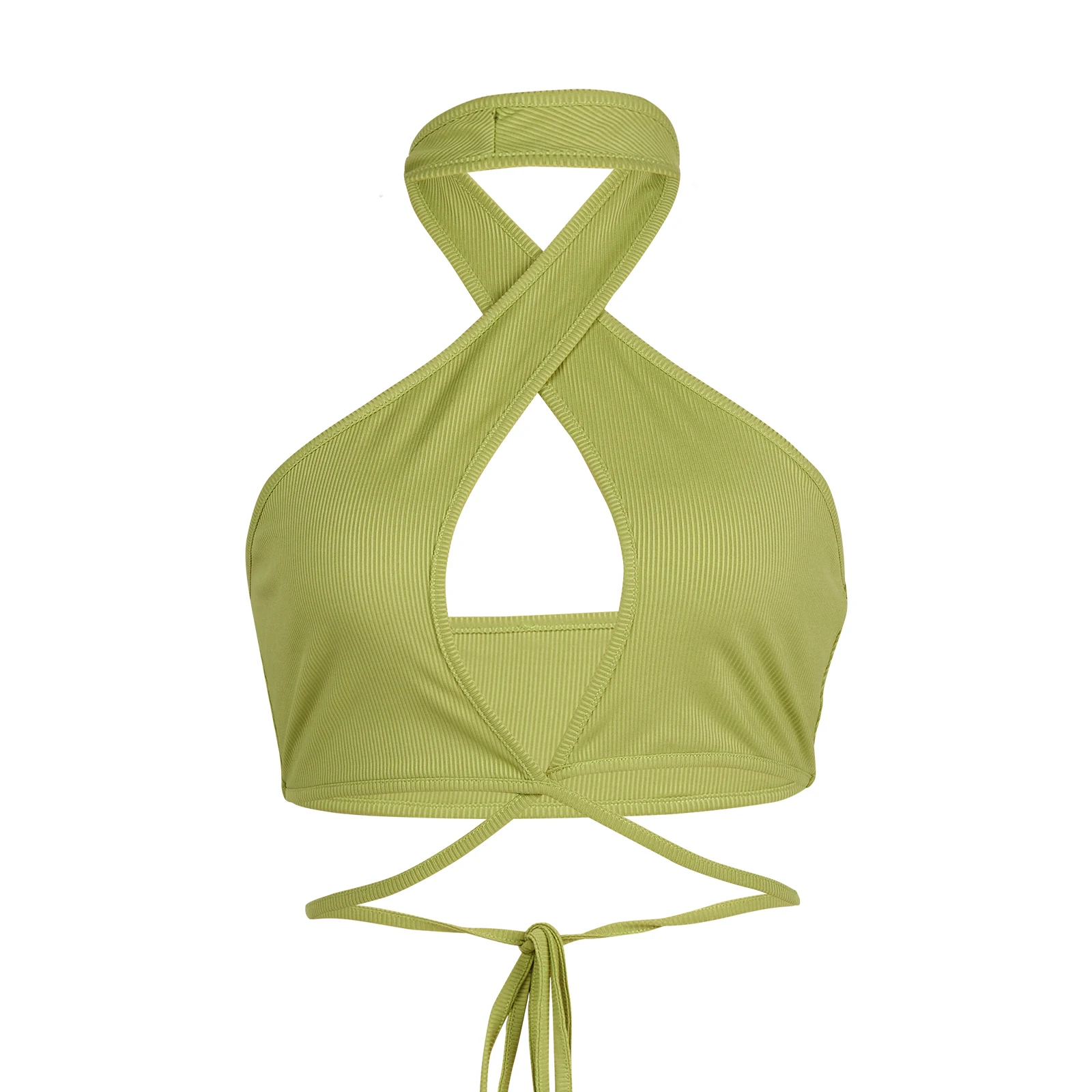 

Женские летние укороченные топы, однотонные ажурные зеленые майки без рукавов с перекрестной лямкой на шее и открытой спиной для девочек