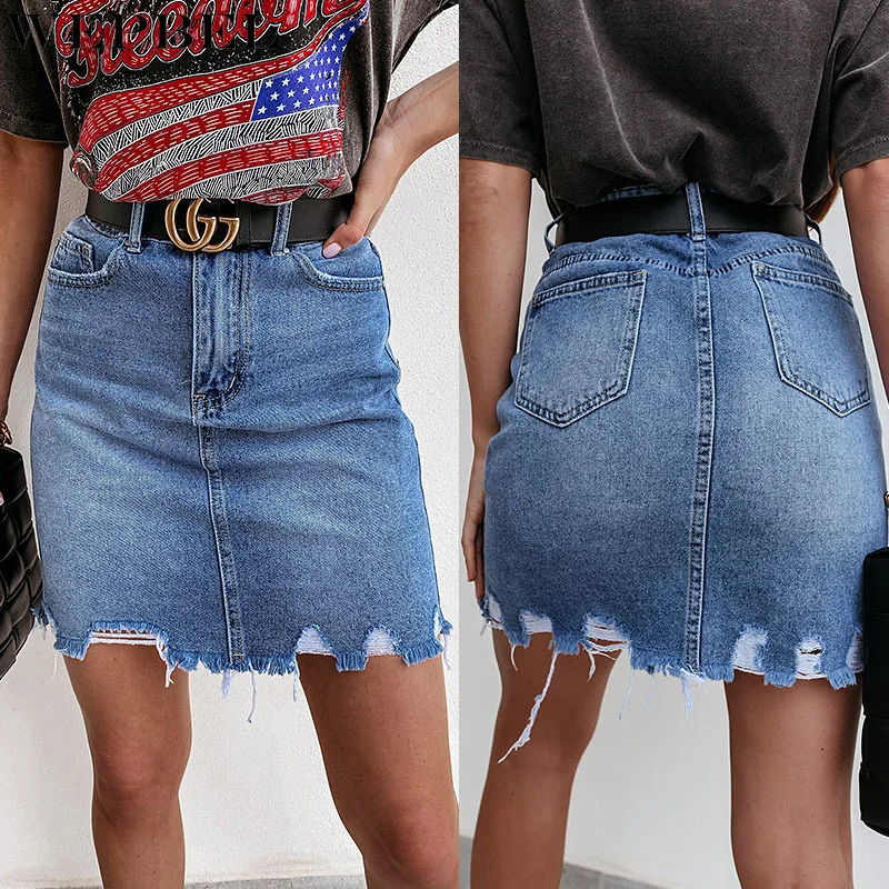 

WEPBEL Summer Women Casual High Waist Denim Skirt Light Distressed Mini Pencil Ripped Skirt