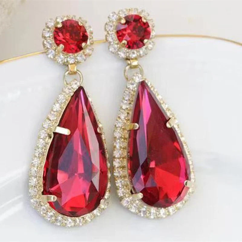 

Luxury Fashion Gold Color Earrings Inlaid Zircon Red Stone Wedding Drop Earrings for Women Temperament Elegant Wedding Jewelry