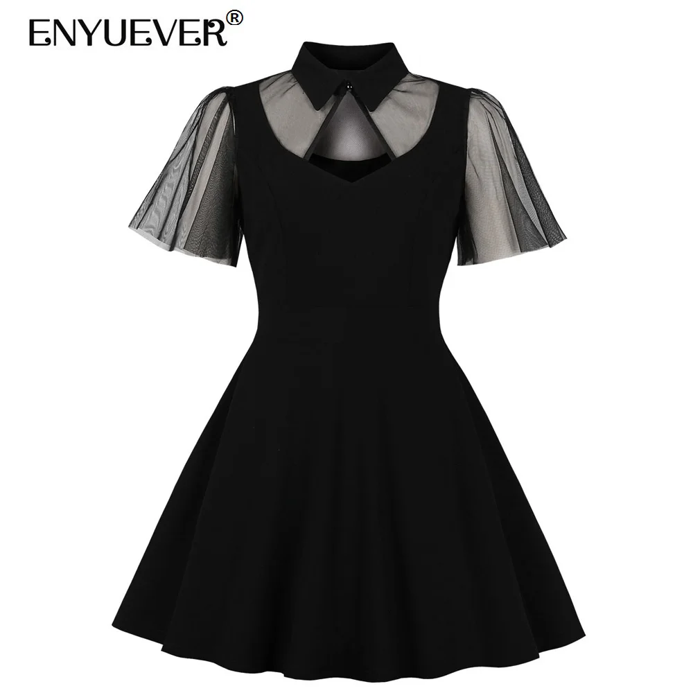 

Enyuever Little Black Dress Women Summer Clothes Clubwear Short Sleeve Mesh Patchwork Robe Pin Up Swing Party Dress Club Wear