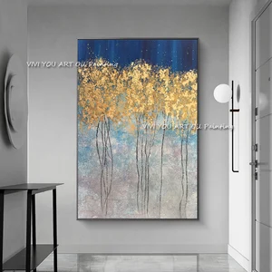 100% Handmade Canvas Abstract Gold Foil Oil Painting Blue Wall Pictures For Home Decoration Hand Drawn Picture For Living Room