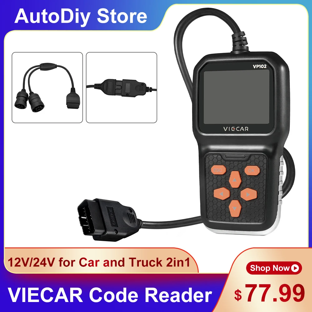 VP102 Code Reader ELM327 OBD2 Scanner 2 In 1 Function Car Diagnostic Tools Read Error Clear Faults 12V/24V for Car and Truck