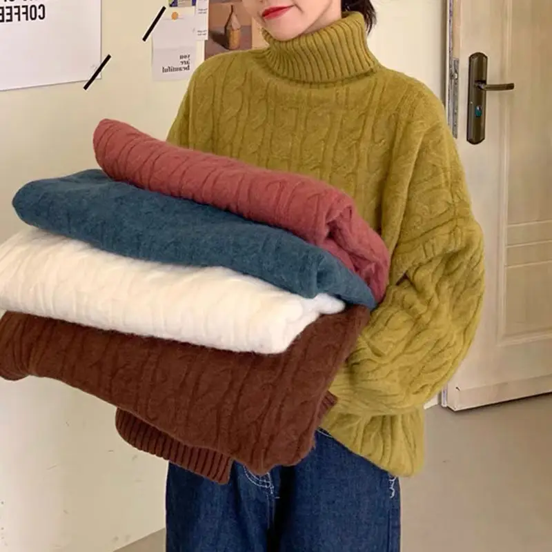 

New high neck sweater Korean fashion Women's twist pullover sweater Gentle girl lazy blouse Winter Loose casual white sweater