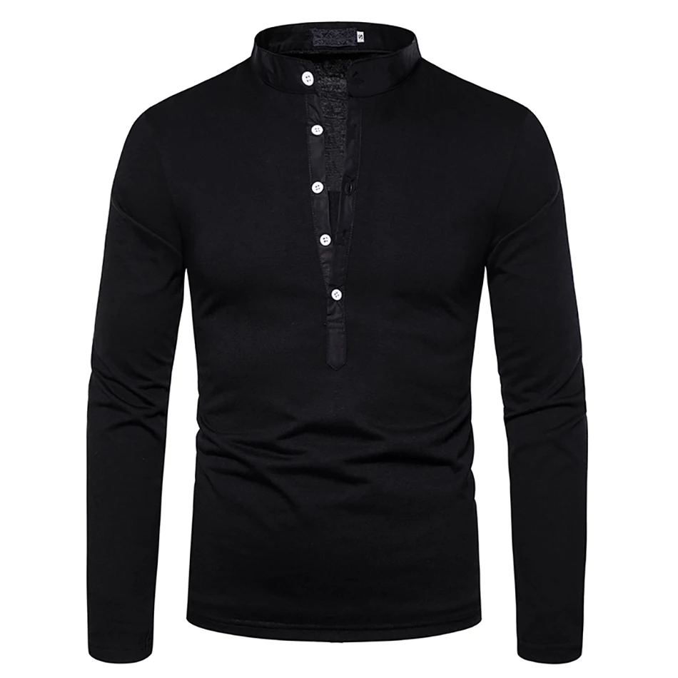 

2021 Fashion Male Long Sleeve Tops One Piece Casual 40% Cotton Slim Fit Men's Clothing Buttons Cardigan Round Neck Black T-Shirt