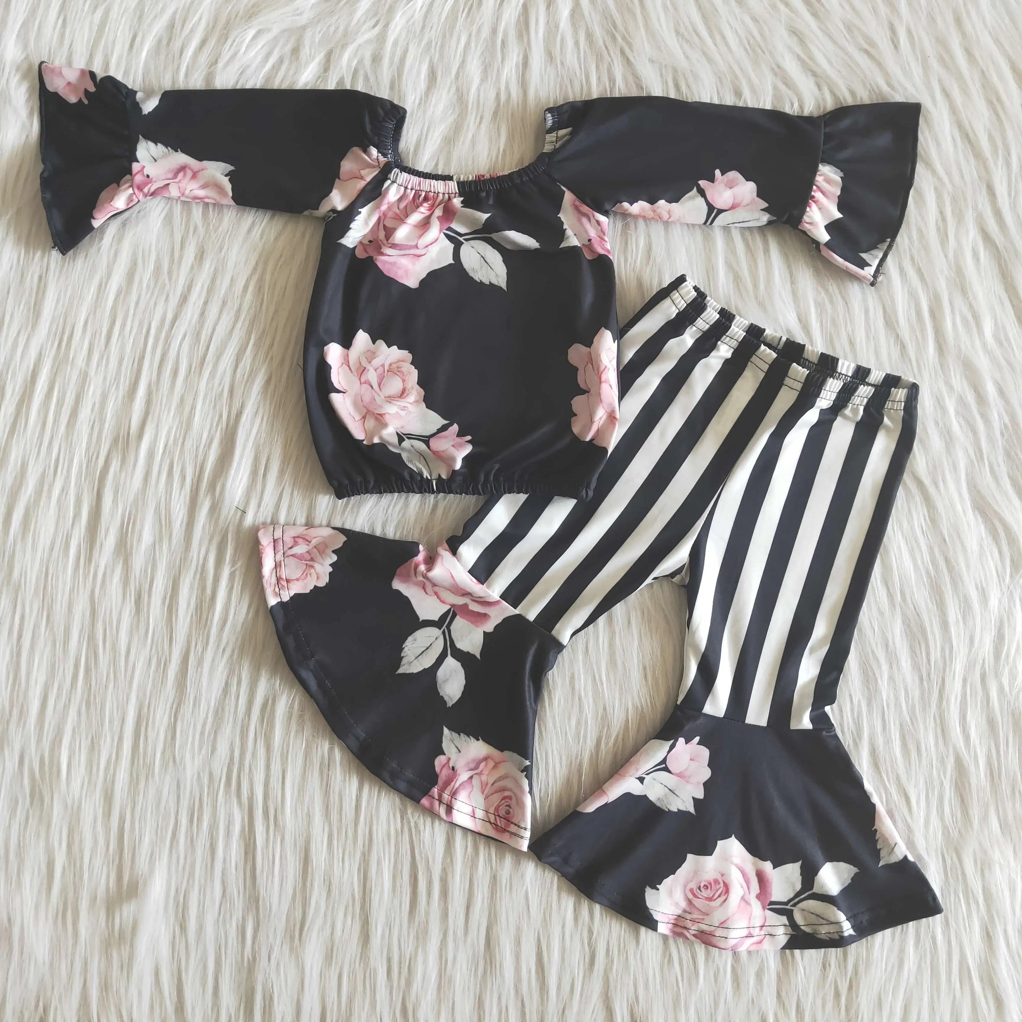 

Rose Flower Black Outfits For Baby Girls Long Sleeves Top Bell Bottom Stripe Pants Kids Sets Children Clothes Boutique Wholesale