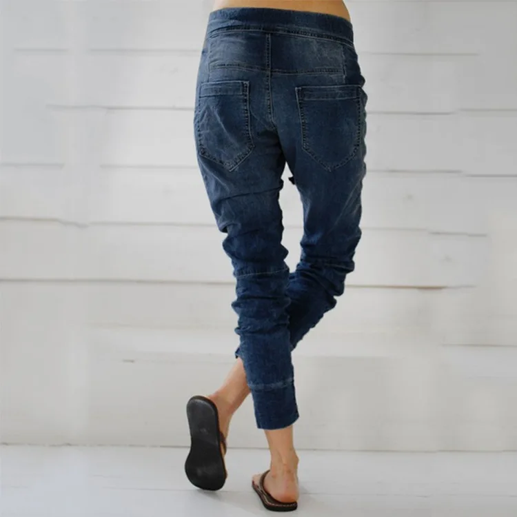 

2021 summer new women's denim trousers close-up tie denim trousers harem pants