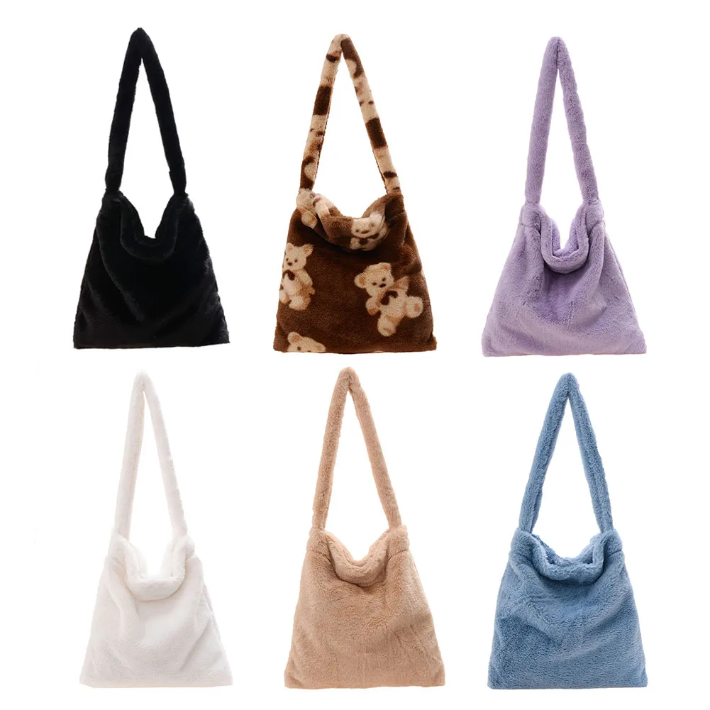 

Vintage Shoulder Bag Women Winter Plush Solid Color Shoulder Underarm Bag Daily Purse Handbag for Shopping Travel