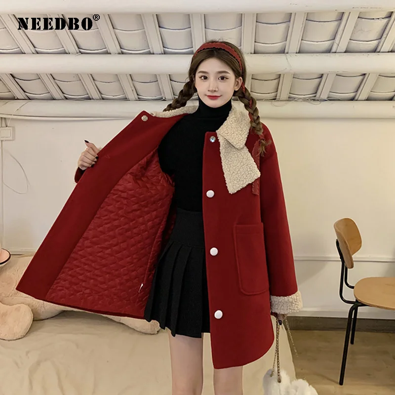 NEEDBO Winter Kawaii Coat Women Patchwork Warm Loose Outwear Thick Overcoat Fashion Woolen Lapel Coat Female Red Coats Tide