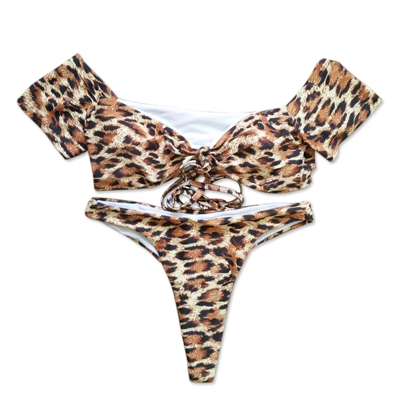 Женское бикини с леопардовым принтом бандажный купальник стринги и бра высокой