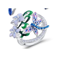 trendy cute dragonfly frolics on flower bud rings for women engagement party fashion copper jewelry whole sale size 6 10