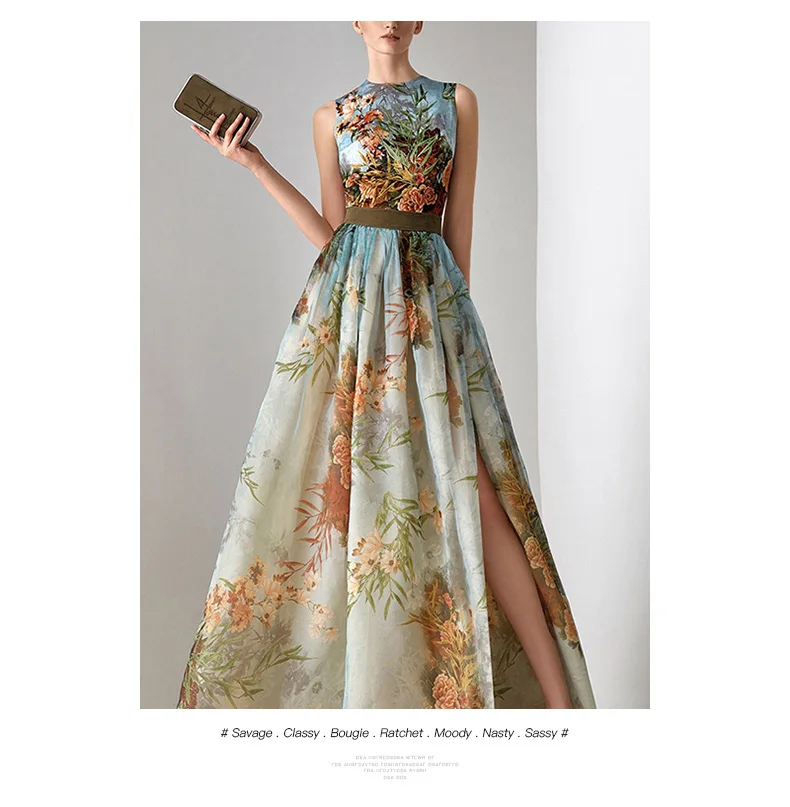 

2021 European and American Runway Show Gao Ding Print Chinese StyleSsleeveless slit slim new style dress