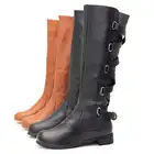 Nisженские ботинки с высоким голенищем модные ботинки для верховой езды с пряжкой сапоги до колена на низком каблуке, высокие сапоги до колена из натуральной кожи без застежек на высокие сапоги на шнуровке; Зимние ботинки; Botas Mujer