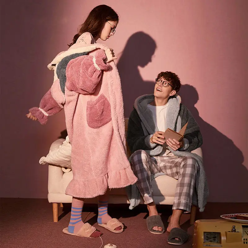 Couple Pajamas Plush Coral Velvet Cute Nightgown Autumn Winter Men's Womens Pajamas Suit Home Service Hooded Nightgown Fashion