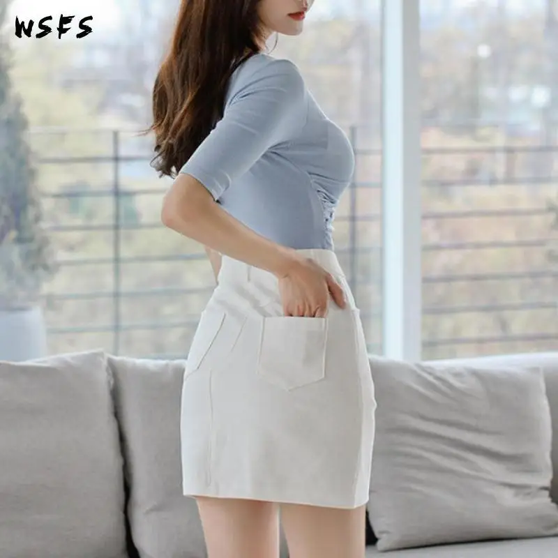 

2 Piece Set Summer Dresses Blue T-shirt Tops Bandage Bodycon Women Dress White Wrap Skirt Elegant Vintage Sexy Party Clothes