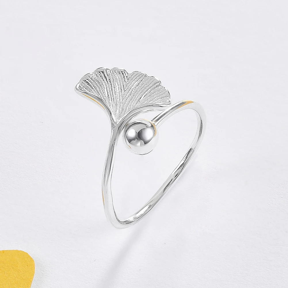 SILVERHOO 925 Sterling Silver Rings For Women Minimalist Ginkgo Biloba & Round Bead Open Adjustable Finger Ring Fine Jewelry