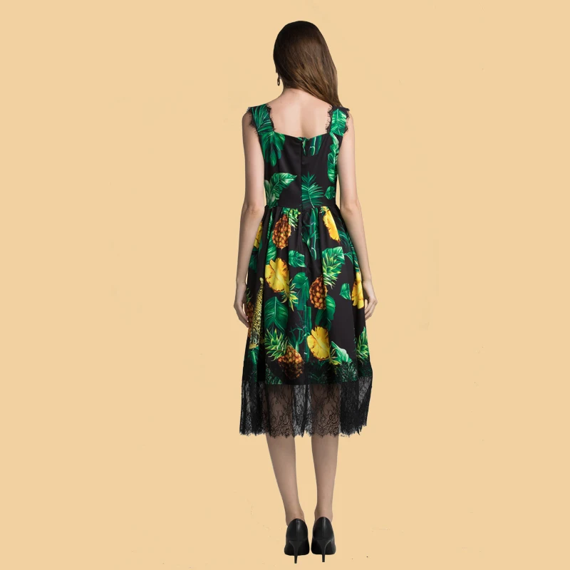 Женское дизайнерское праздничное платье миди на бретельках с принтом зеленых