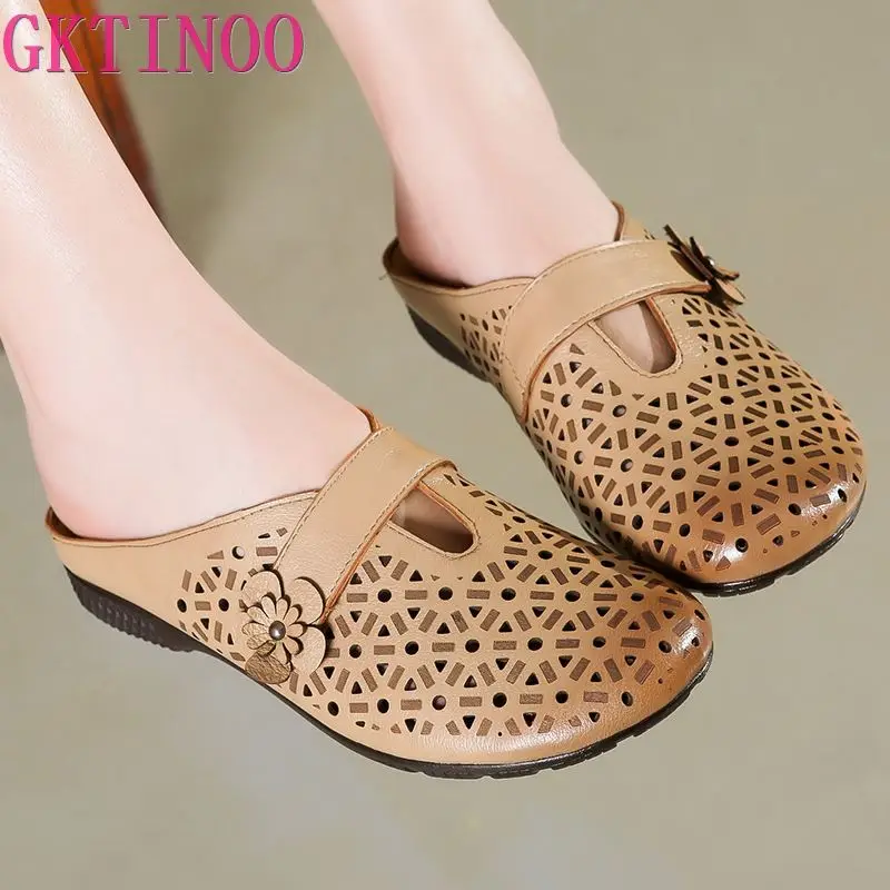 

Женские шлепанцы GKTINOO, летние сандалии в ретро-стиле из натуральной кожи на Плоском Каблуке с цветком ручной работы