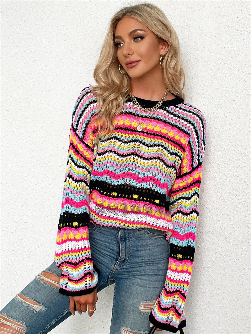 

Knit Sweater Women 2021 Autumn And Winter New Stitching Loose Color Rainbow Round Neck Striped Long-Sleeved Clothes T147