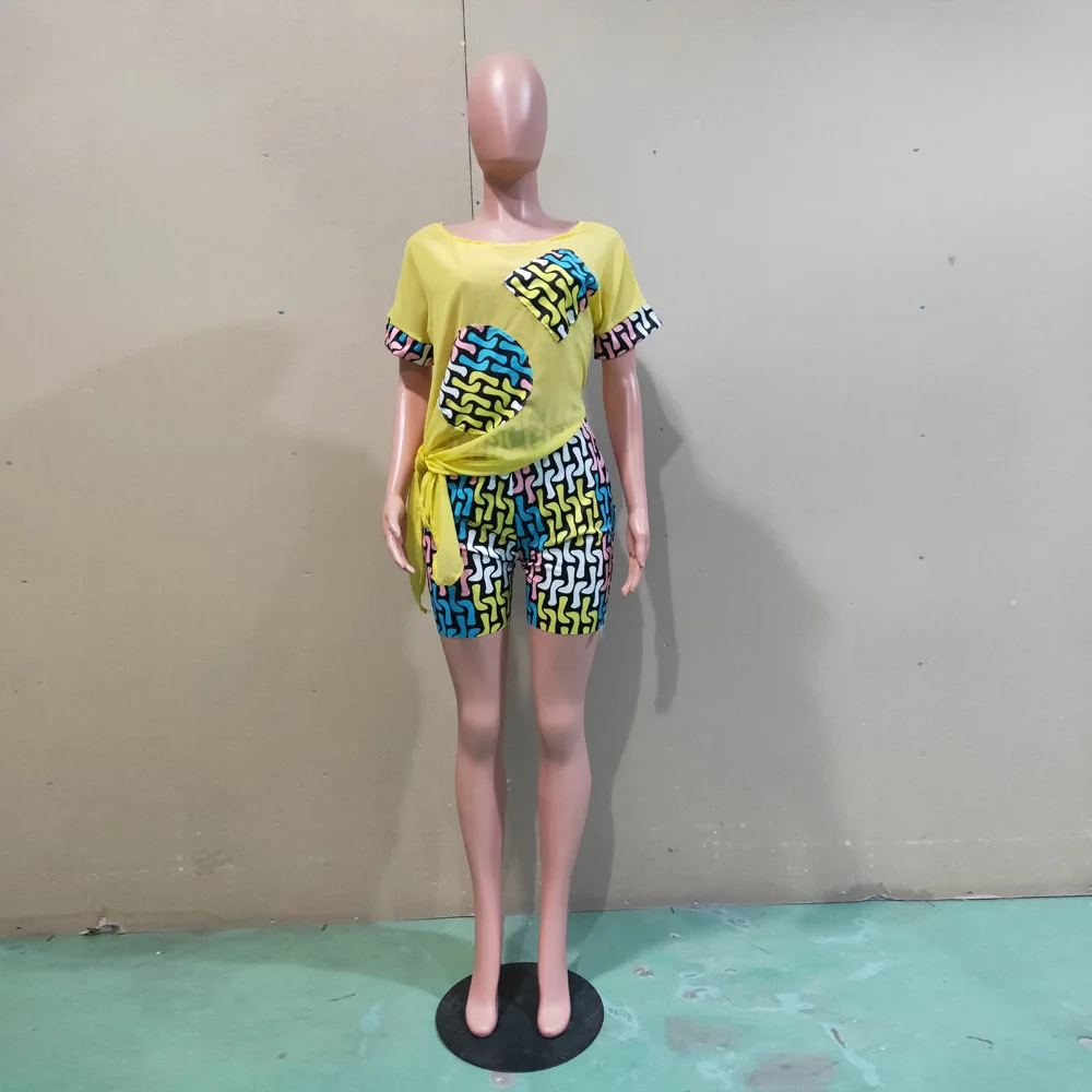

2019 Summer NEW Women chiffon splicing irregular t-shirt print shorts suit two piece set fashion sporty tracksuit outfit GLB9192