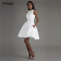 verngo simple satin short wedding dress boat neck bowknot sash open back mini bride beach party dress with pockets robe