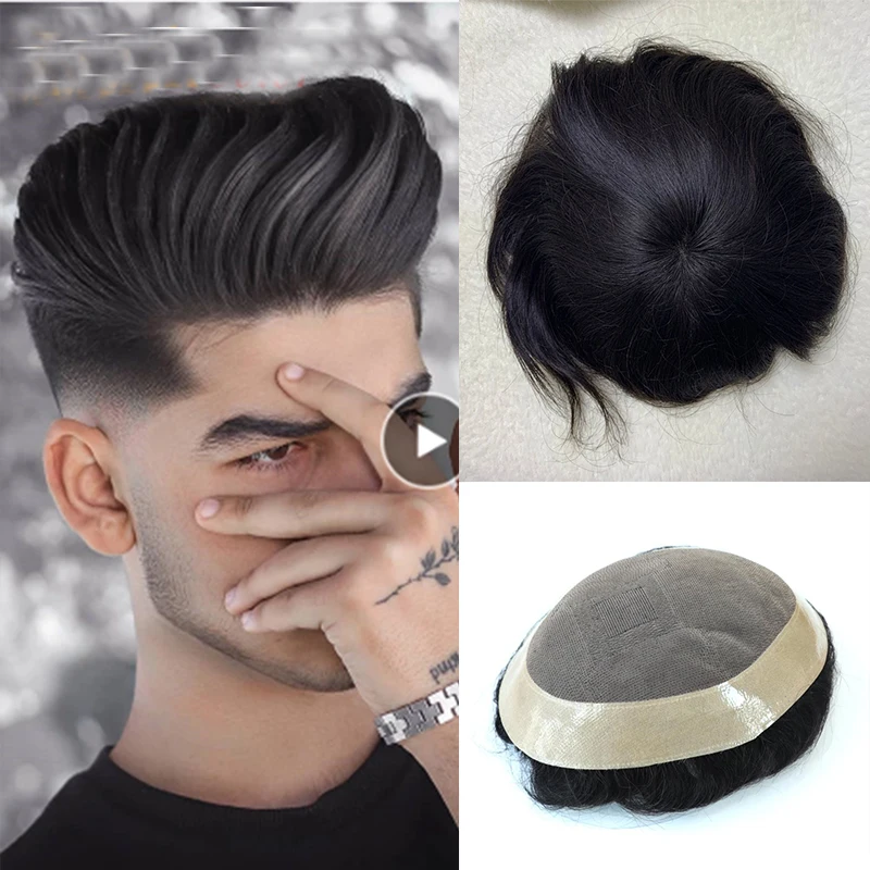 6*8 7*9 Toupee Men Hair Replacement System Unit Mono & Pu Human Hair Toupee Natural Hairline Male Wig Hair Prosthesis