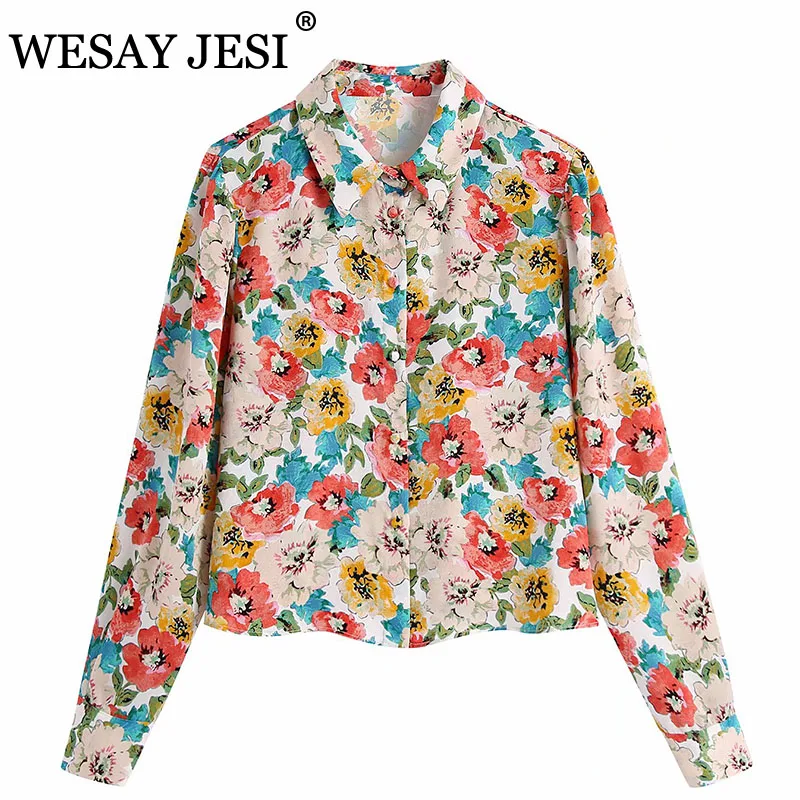 

WESAY JESI Spring New 2021 Womenâ€˜s Blouses Fashion Long Sleeve Tshirts Vintage Color Flower Print Turn-Down Collar Ladies Tops