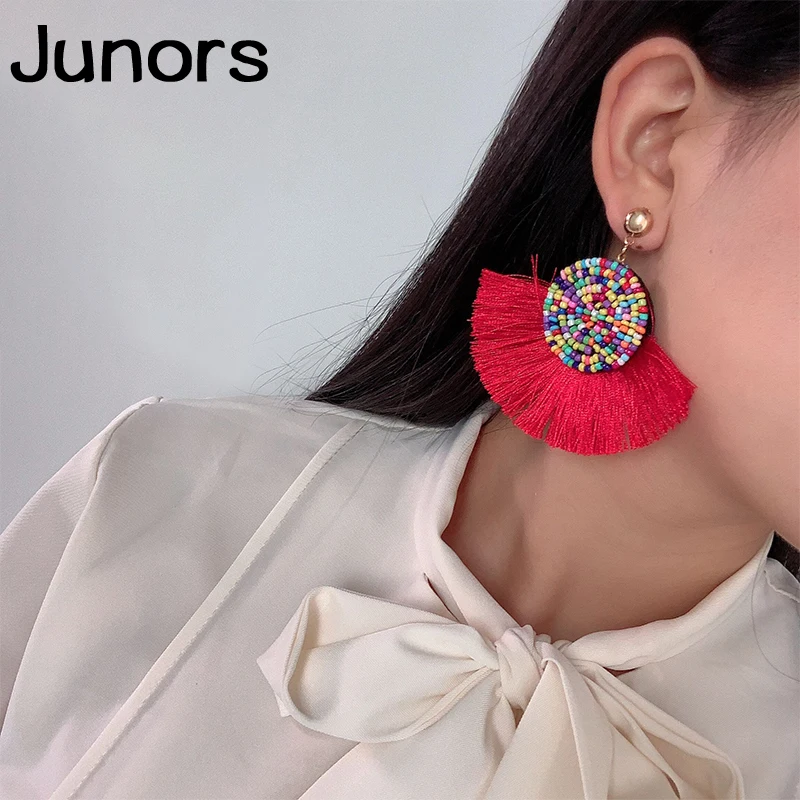 Женские винтажные серьги с кисточками и бусинами большие висячие ручной работы в