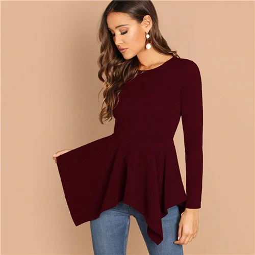 SHEIN Однотонный Топ С Асимметричным Низом И Молнией Женская Черная Классическая Блузка С Длинными Рукавами - Цвет: Бургундия